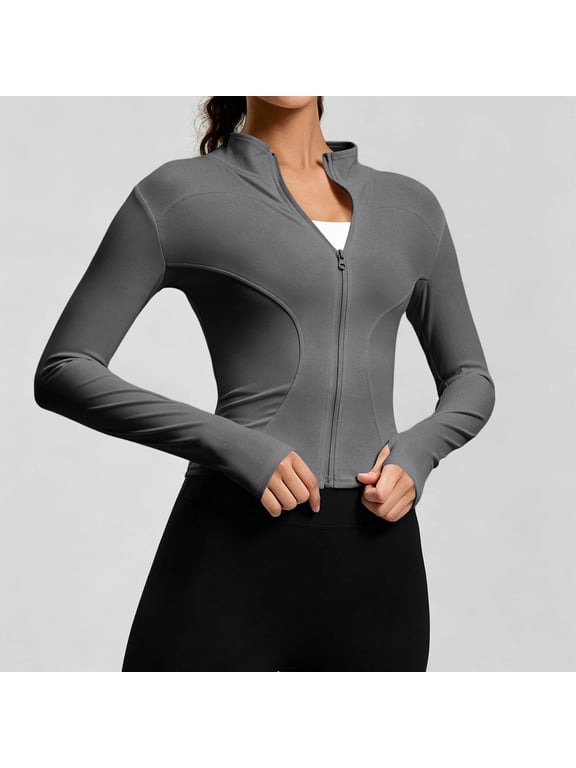 Women's Full Zip Workout Jacket Stand Collar Long Sleeve Slim Fit Athletic Yoga Jacket With Thumb Holes S