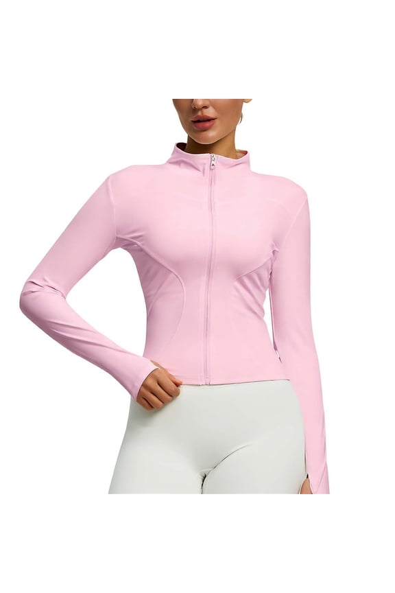 Women's Full Zip Workout Jackets Slim Fitting Cropped Yoga Jacket Running Athletic Sportswear Tops with Thumb Holes XS
