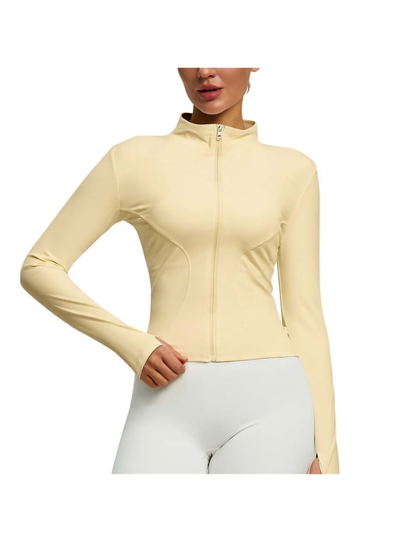 Women's Full Zip Workout Jackets Slim Fitting Cropped Yoga Jacket Running Athletic Sportswear Tops with Thumb Holes Yellow XS