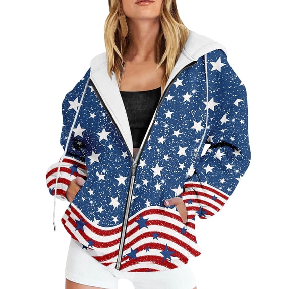 Women's Full Zip up Graphic Hoodies Trendy America Flag Printed Loose Hooded Sweatshirts Causal Long Sleeve Jacket with Pocket Blue XS