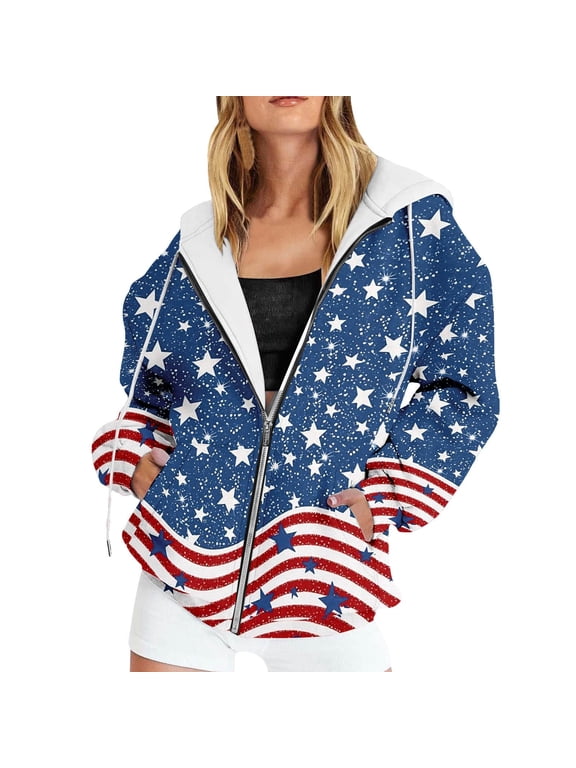 Women's Full Zip up Graphic Hoodies Trendy America Flag Printed Loose Hooded Sweatshirts Causal Long Sleeve Jacket with Pocket Blue XS