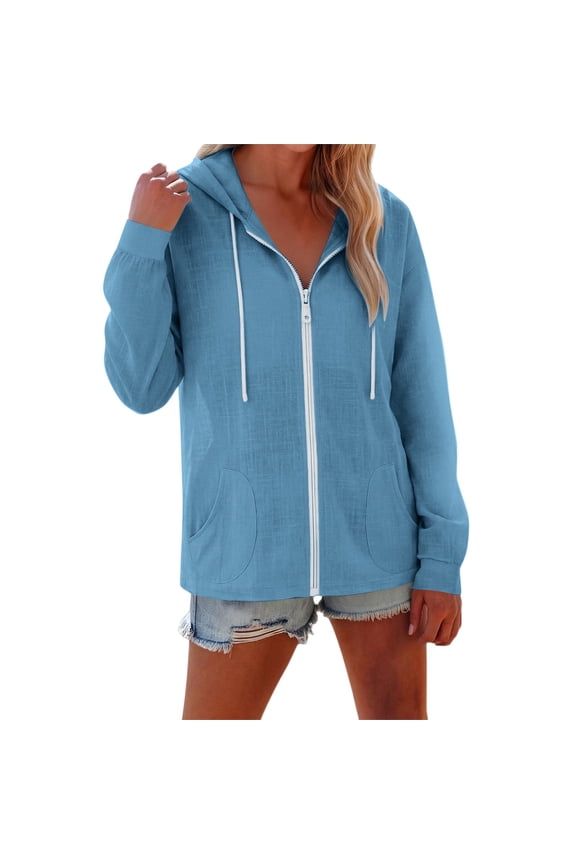 Women's Full Zip up Hoodies Linen Long Sleeve Drawstring Casual Sweatshirt Hooded Tops by Yigetop Blue M