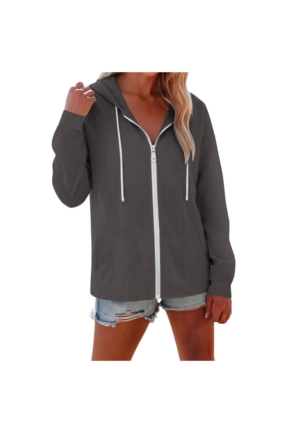 Women's Full Zip up Hoodies Linen Long Sleeve Drawstring Casual Sweatshirt Hooded Tops by Yigetop Grey S