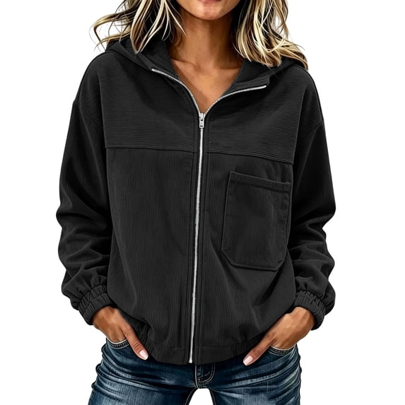 Women's Full Zip up Jacket Plus Size Corduroy Hoodies Trendy Loose Fit Hooded Sweatshirts Outwear with Pocket Black L