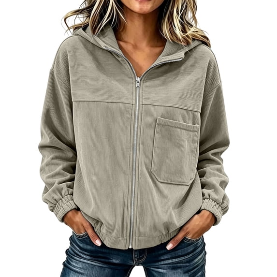 Women's Full Zip up Jacket Plus Size Corduroy Hoodies Trendy Loose Fit Hooded Sweatshirts Outwear with Pocket Khaki XL