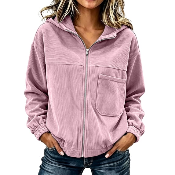 Women's Full Zip up Jacket Plus Size Corduroy Hoodies Trendy Loose Fit Hooded Sweatshirts Outwear with Pocket Pink XL