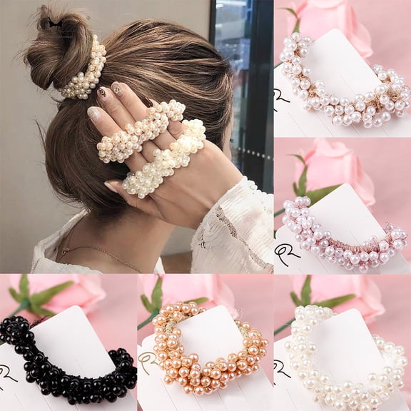 Women's Fully Wrapped Pearl Hair Tie, Boho Retro Pearl Beaded Hair Elastic, Elegant Fashion Hair Accessory for Ponytail, Bun, and Gift-Black