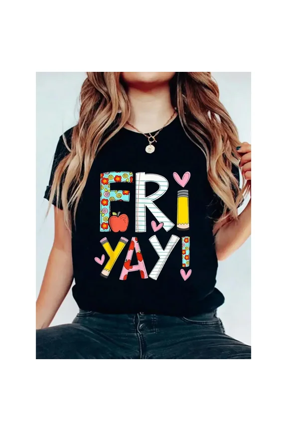 Women's Fun Friday Teacher T-shirt - Colorful Letter Print with Flowers and Elements, Soft Round Neck, Short Sleeve, Elastic Fabric, Teacher's Casual Summer Top, Activity Clothing