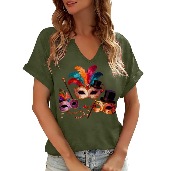 Women's Fun Graphic Tee V Neck Short Sleeve Top Carnival Print Casual Summer T-Shirt Vibrant Festival Pattern Colorful Holiday Party Wear