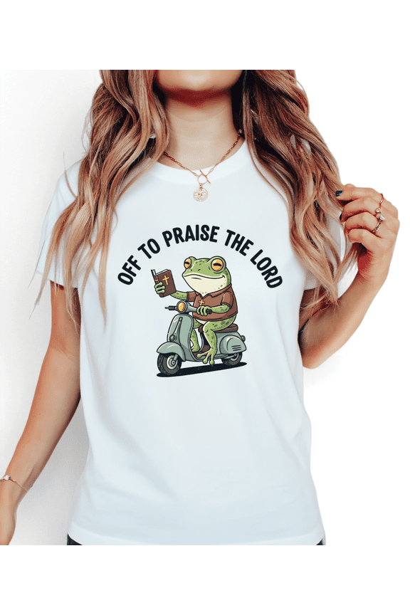 Women's Fun Religious "Off to Praise the Lord" Frog Graphic Comfortable T Shirt Short Sleeve Round Neck Top White S-5XL