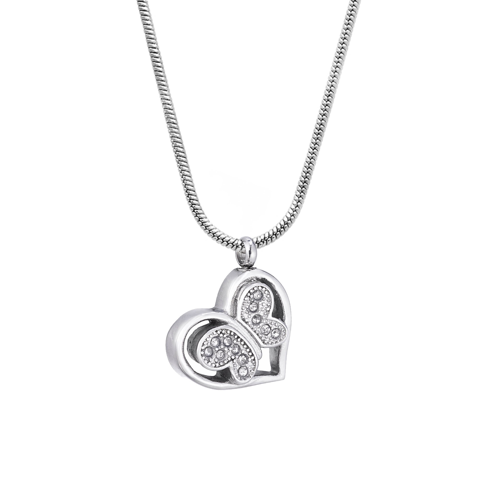 Women's Funeral Stainless Steel Crystal Rhinestone Butterfly Heart Cremation Ashes Holder Keepsake Memorial Pendant Necklace with Funnel Kit and Velvet Jewelry Kit