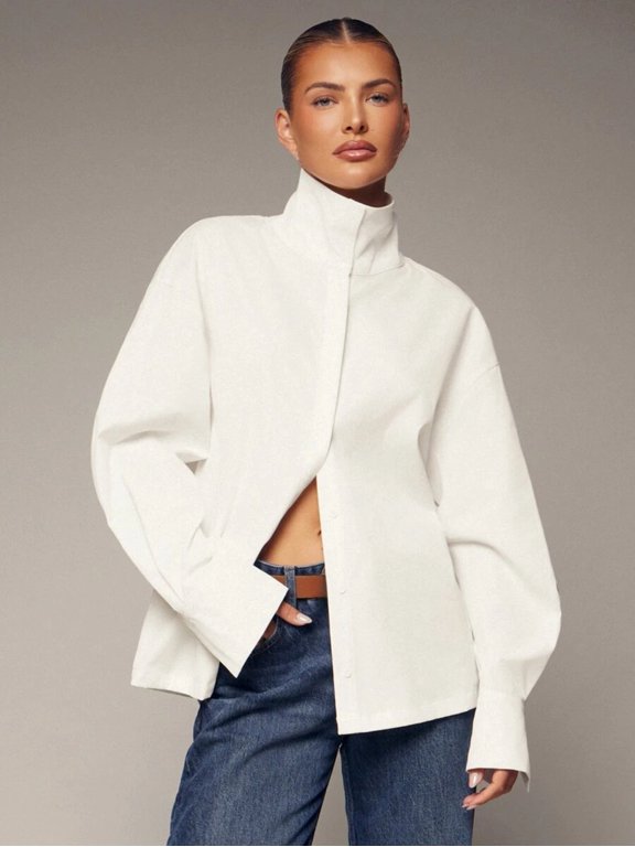 Women's Funnel Neck Shirt Button Down Long Sleeve Flared Cuff Loose Fit Blouse