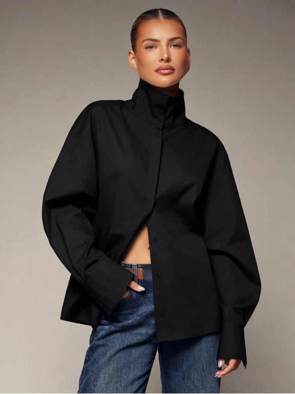 Women's Funnel Neck Shirt Button Down Long Sleeve Flared Cuff Loose Fit Blouse