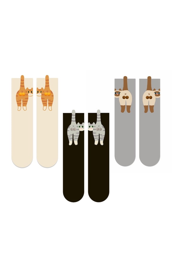 Women's Funny Abstract Cats Pattern Calf Socks Elastic Cuffs Fuzzy Balls Design Wicking Comfortable Footwear