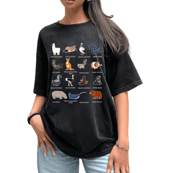 Women's Funny Animal Nicknames Graphic Cotton Washed T Shirt Casual Breathable Black S-2XL Plus Size