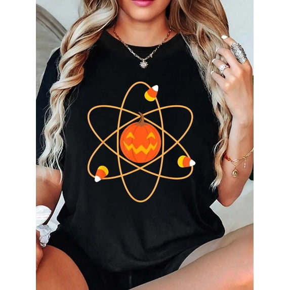 Women's Funny Candy Corn Physics Atom Halloween Graphic T-Shirt, Fall Casual Wear