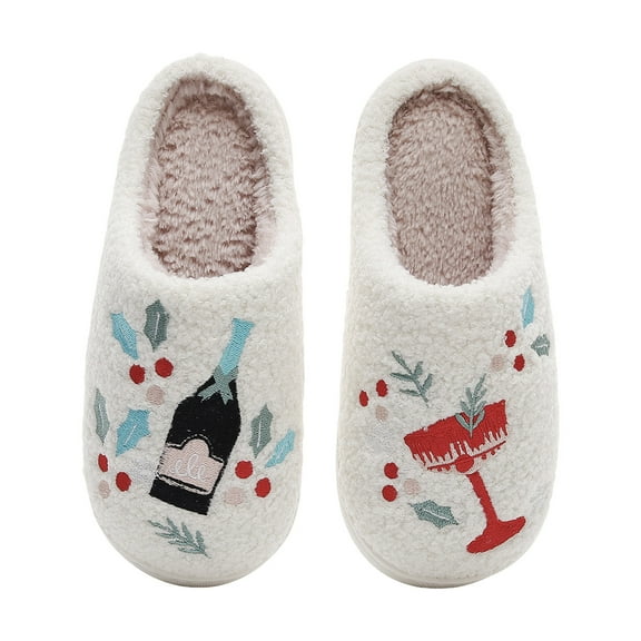 Women's Funny Cartoon House Slippers Winter Plush Cotton Christmas Slippers Comfortable Non Slip Walking Shoes White Size 8.5