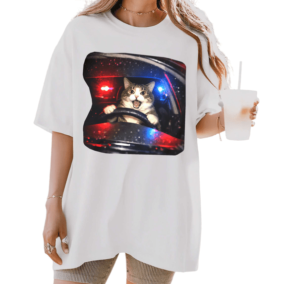 Women's Funny Cat Driving Car Police Lights Graphic Cotton Breathable T Shirt Short Sleeve Round Neck Top White S-5XL