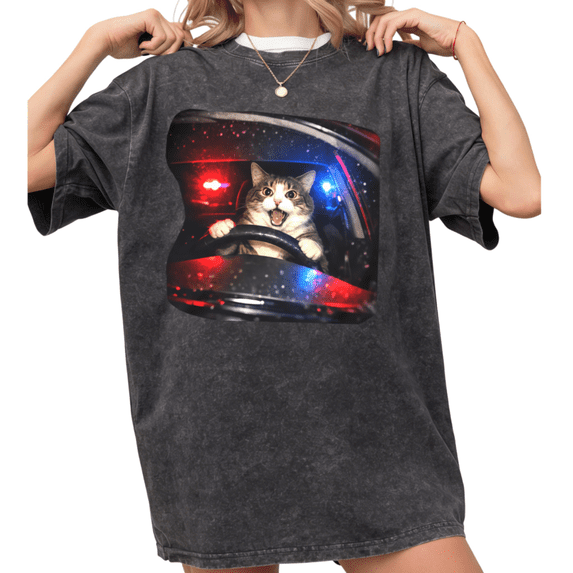 Women's Funny Cat Driving Police Car Chase Aesthetic Graphic Breathable Washed T Shirt Black S-2XL Plus Size