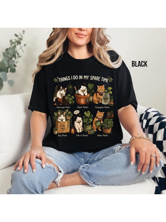 Women’s Funny Cat Plant Mom Graphic Short‑Sleeve T‑Shirt, Plant Lover Casual Vintage Top,Women Tshirts