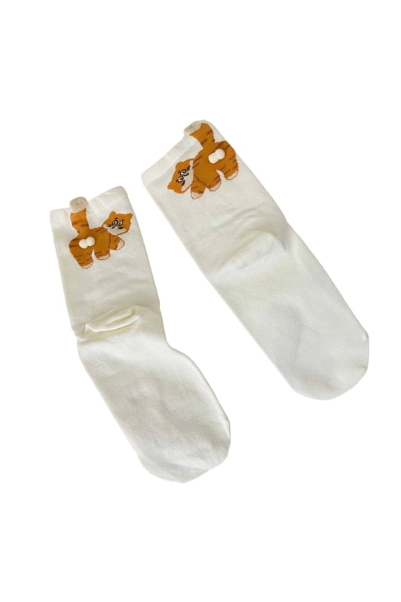 Women's Funny Cats Pattern Cotton Calf Socks Elastic Cuffs Fuzzy Balls Design Moisture Wicking Comfortable Footwear
