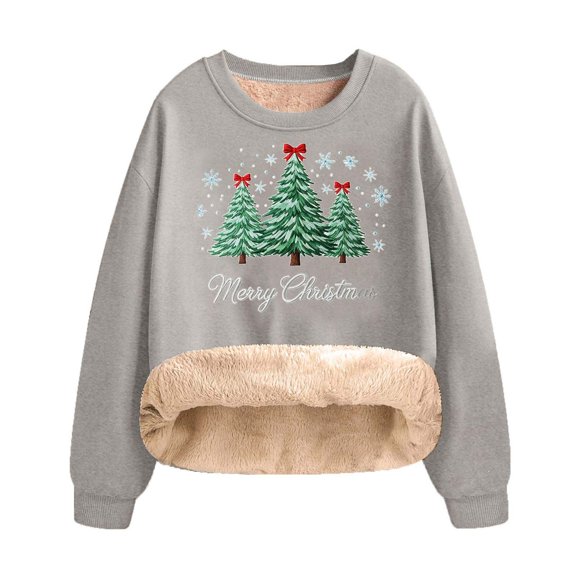 Women's Funny Christmas Fleece Lined Sweatshirt - Wine Glass/Red Hat/Tree Graphic Crewneck Pullover, Soft Thermal Winter Lounge Top