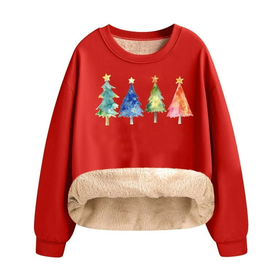 Women's Funny Christmas Fleece Lined Sweatshirt - Wine Glass/Red Hat/Tree Graphic Crewneck Pullover, Soft Thermal Winter Lounge Top