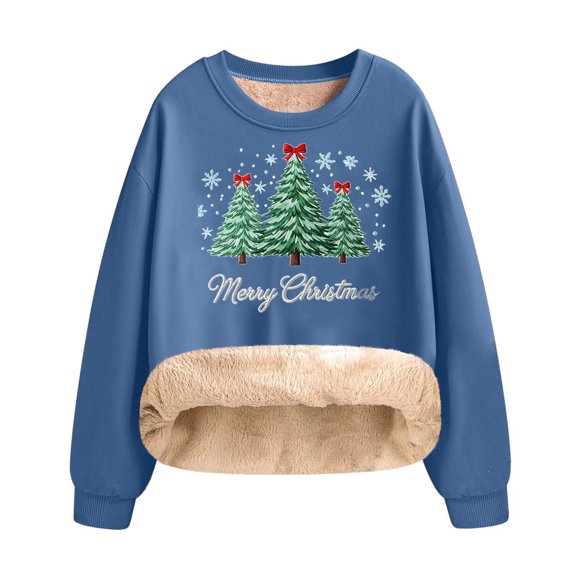 Women's Funny Christmas Fleece Lined Sweatshirt - Wine Glass/Red Hat/Tree Graphic Crewneck Pullover, Soft Thermal Winter Lounge Top