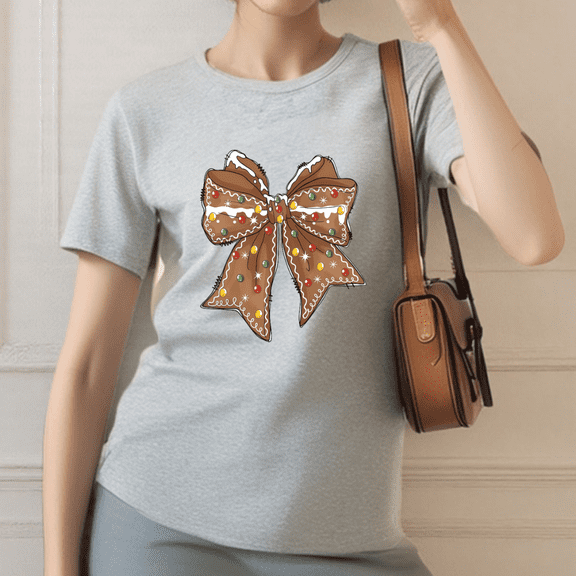 Women's Funny Christmas Gingerbread Bow Graphic Crew Neck Printed Cotton T-Shirt Gray S-3XL