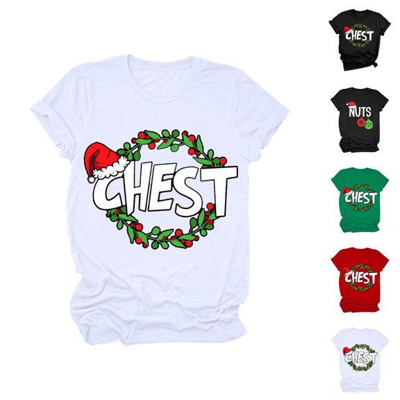 Women's Funny Christmas Tshirt 2025 Short Sleeve Crewneck Holiday Casual Chest Nuts Graphic Tees for Couple