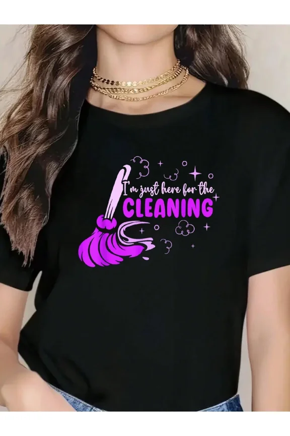 Women's Funny Cleaning Graphic T-Shirt Short Sleeve Crewneck Tee Black