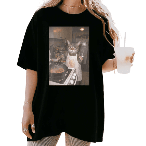 Women's Funny Cooking Cat Meme Graphic Comfortable Cotton T Shirt Casual Short Sleeve Round Neck Top Black S-5XL