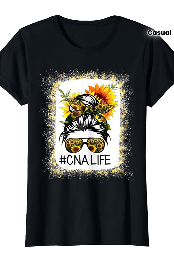 Women's Funny Cute Sunflower Messy Bun CNA Life T-Shirt, Certified Nursing Assistant Appreciation Graphic Tee Top, Medical Healthcare Worker Stylish Floral Design
