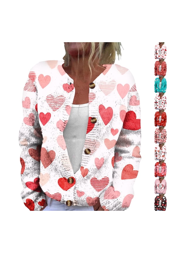 Women's Funny Fall Winter Heart Long Sleeve Button Knit Cardigan Valentines Sweater Pink XL