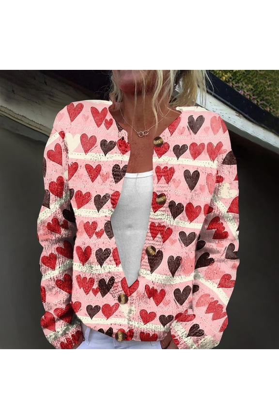 Women's Funny Fall Winter Heart Long Sleeve Button Knit Cardigan Valentines Sweater Wine L