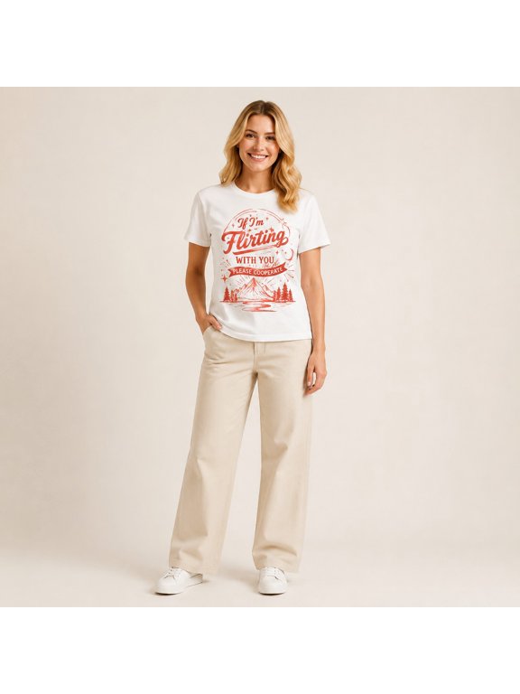 Women's Funny Flirting Graphic T-Shirt, White Short Sleeve Crew Neck Tee for Casual Summer Outfits