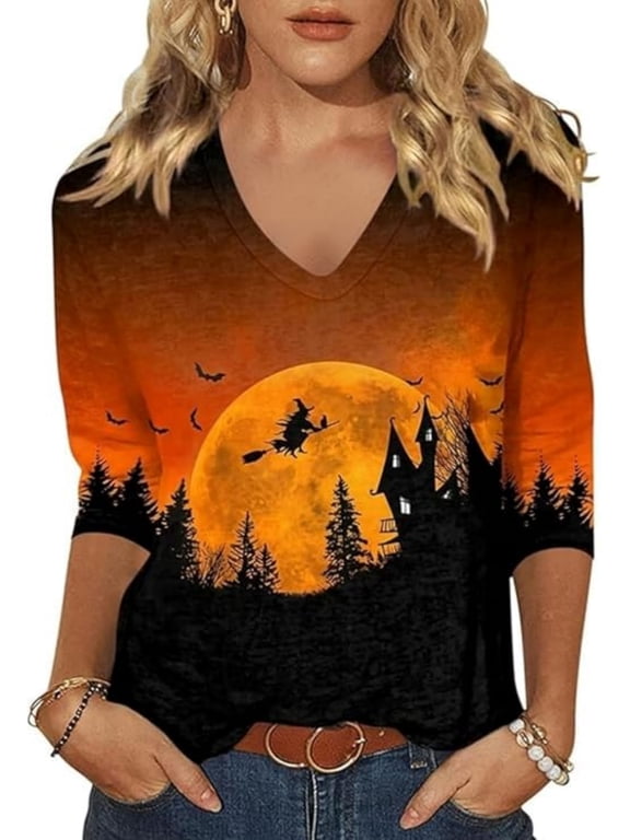 Women's Funny Fly Broom Witch Bat Graphic 3/4 Sleeve V Neck Shirt Halloween Horror Night Castle Pattern Top(L,Orange)