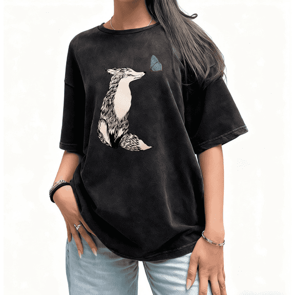 Women's Funny Fox Butterfly Printed Crew Neck Cotton Washed T Shirt Black S-2XL Plus Size