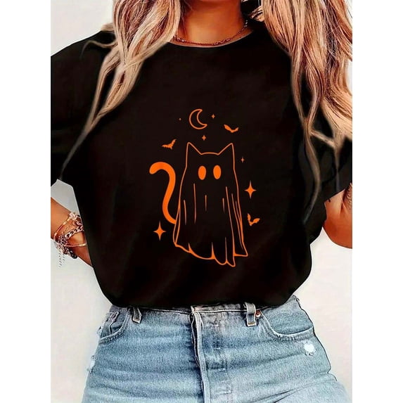 Women's Funny Ghost Cat & Bat Halloween T-Shirt, Halloween Bat Lovers Graphic Tee