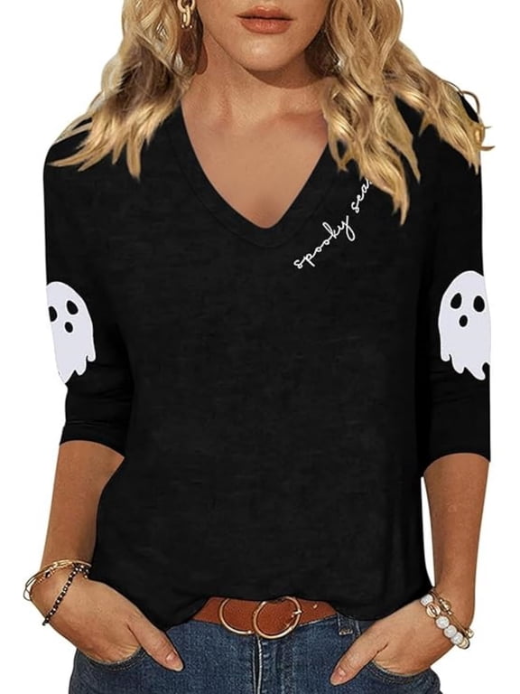 Women's Funny Ghost Graphic 3/4 Sleeve V Neck Shirt Fall Spooky Season Letter Printed Long Sleeve Tee,Black,L