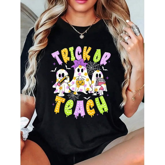 Women's Funny Ghost Trick Or Teach Teacher Halloween Graphic T-Shirt, Fall Casual Wear