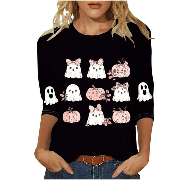 Women's Funny Halloween T-shirts 3/4 Sleeve Round Neck Ghost Graphic Printed Casual Tees Holiday Tops Plus Size (2XL, Black 01)