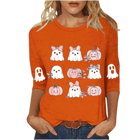 Women's Funny Halloween T-shirts 3/4 Sleeve Round Neck Ghost Graphic Printed Casual Tees Holiday Tops Plus Size (2XL, Orange 01)