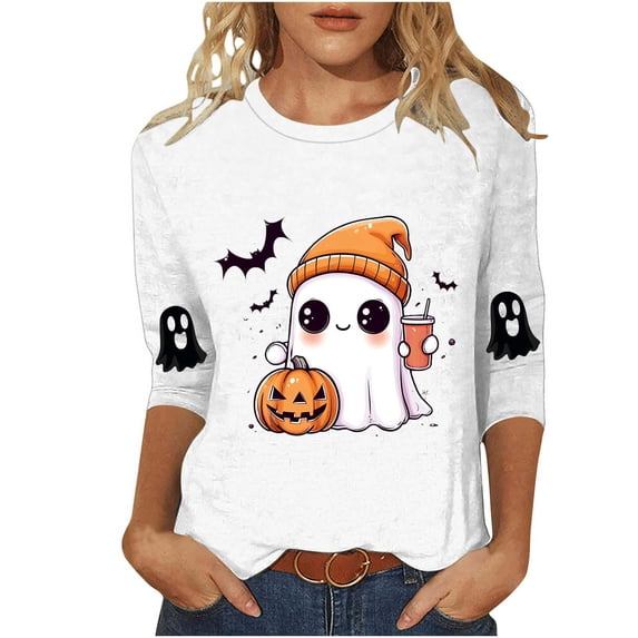 Women's Funny Halloween T-shirts 3/4 Sleeve Round Neck Ghost Graphic Printed Casual Tees Holiday Tops Plus Size (2XL, White 02)