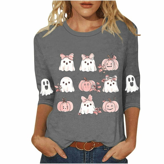 Women's Funny Halloween T-shirts 3/4 Sleeve Round Neck Ghost Graphic Printed Casual Tees Holiday Tops Plus Size (3XL, Gray 01)