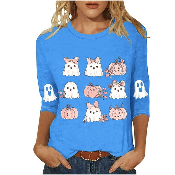 Women's Funny Halloween T-shirts 3/4 Sleeve Round Neck Ghost Graphic Printed Casual Tees Holiday Tops Plus Size (3XL, Sky Blue 01)