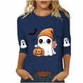 thumbnail image 1 of Women's Funny Halloween T-shirts 3/4 Sleeve Round Neck Ghost Graphic Printed Casual Tees Holiday Tops Plus Size (L, Navy 02), 1 of 3