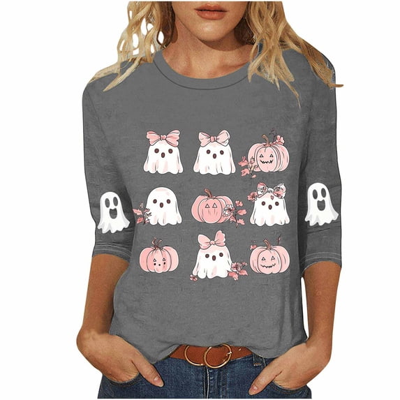Women's Funny Halloween T-shirts 3/4 Sleeve Round Neck Ghost Graphic Printed Casual Tees Holiday Tops Plus Size (S, Gray 01)