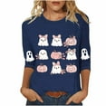 thumbnail image 1 of Women's Funny Halloween T-shirts 3/4 Sleeve Round Neck Ghost Graphic Printed Casual Tees Holiday Tops Plus Size (XL, Navy 01), 1 of 4