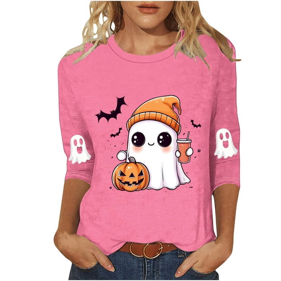 Women's Funny Halloween T-shirts 3/4 Sleeve Round Neck Ghost Graphic Printed Casual Tees Holiday Tops Plus Size (XL, Pink 02)